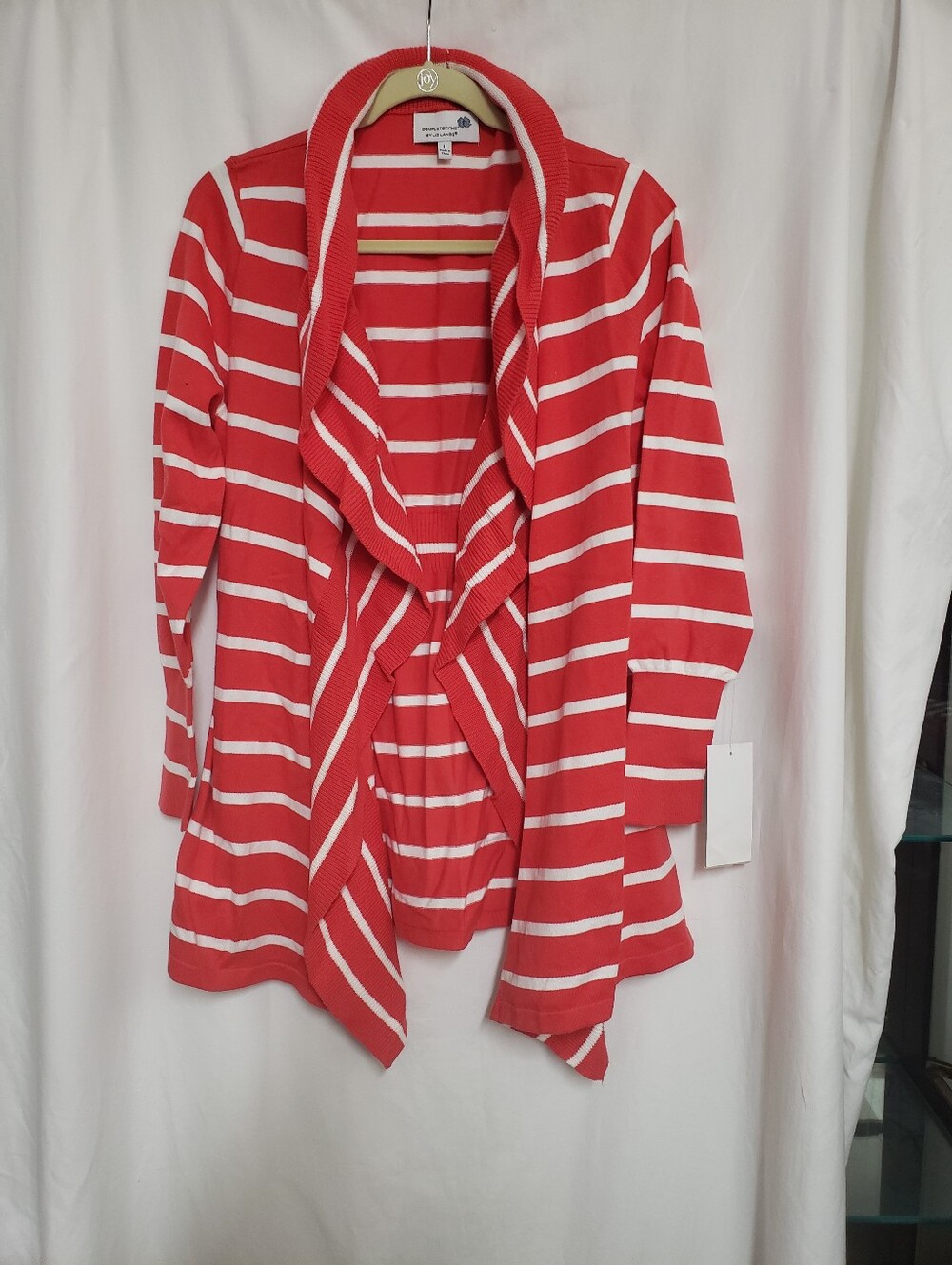 Striped Open-Front Shawl Cardigan in Red and White